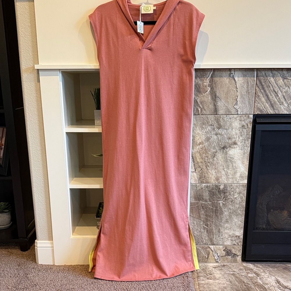 Pink Sleeveless Hoodie Maxi Dress with Yellow Accents